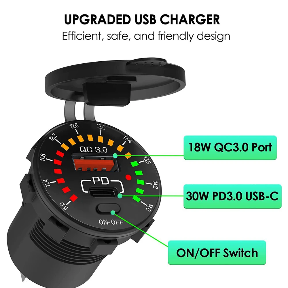 12/24V wasserdichte USB PD Outlet Schnellladung 36W Dual USB QC 3.0 Autoladegerät mit LED Voltmeter ON OFF Schalter für Auto Motorrad