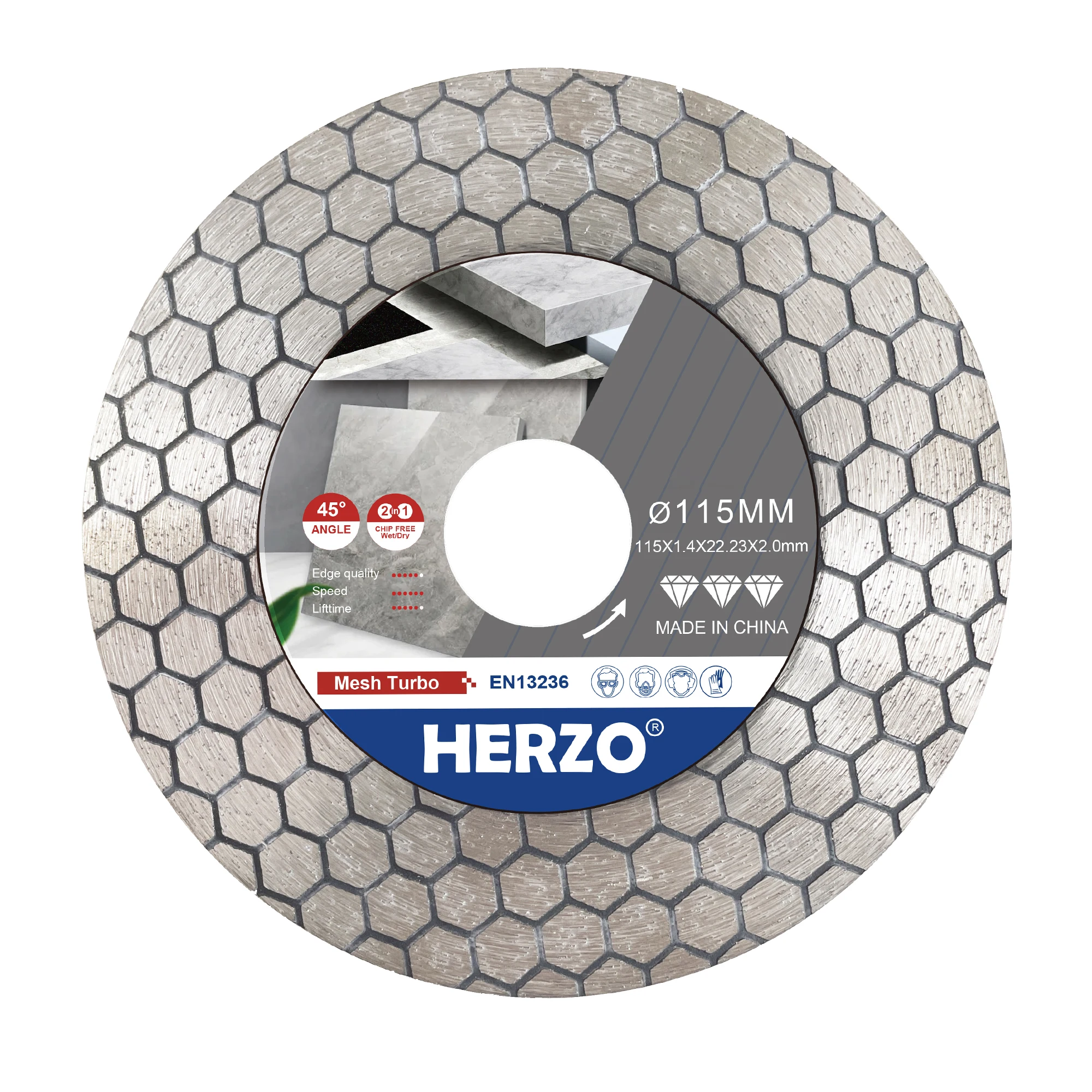 HERZO 115MM Heißgepresstes Sechskant-Wellenschliff-Sägeblatt 115mm, 2-in-1 für Geradliniges Fliesenschneiden & 45° ° Kantenveredelung durch Abschrägen Image