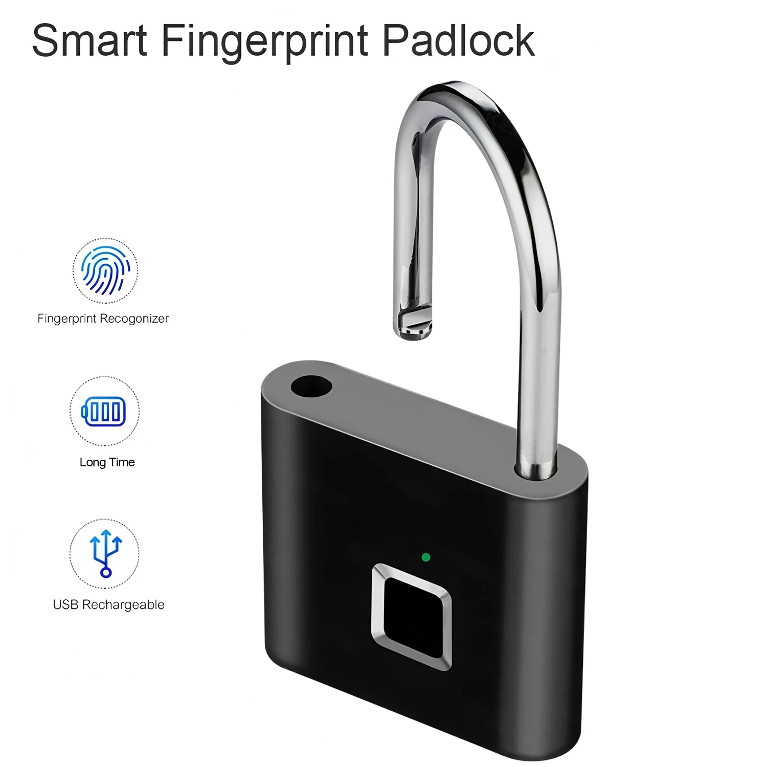 Schlüsselloses USB-Ladetürschloss mit Fingerabdruck, intelligentes Vorhängeschloss zum schnellen Entsperren, Zinklegierung, Metall, Selbstbildschreibender Chip, 10 Fingerabdrücke Image