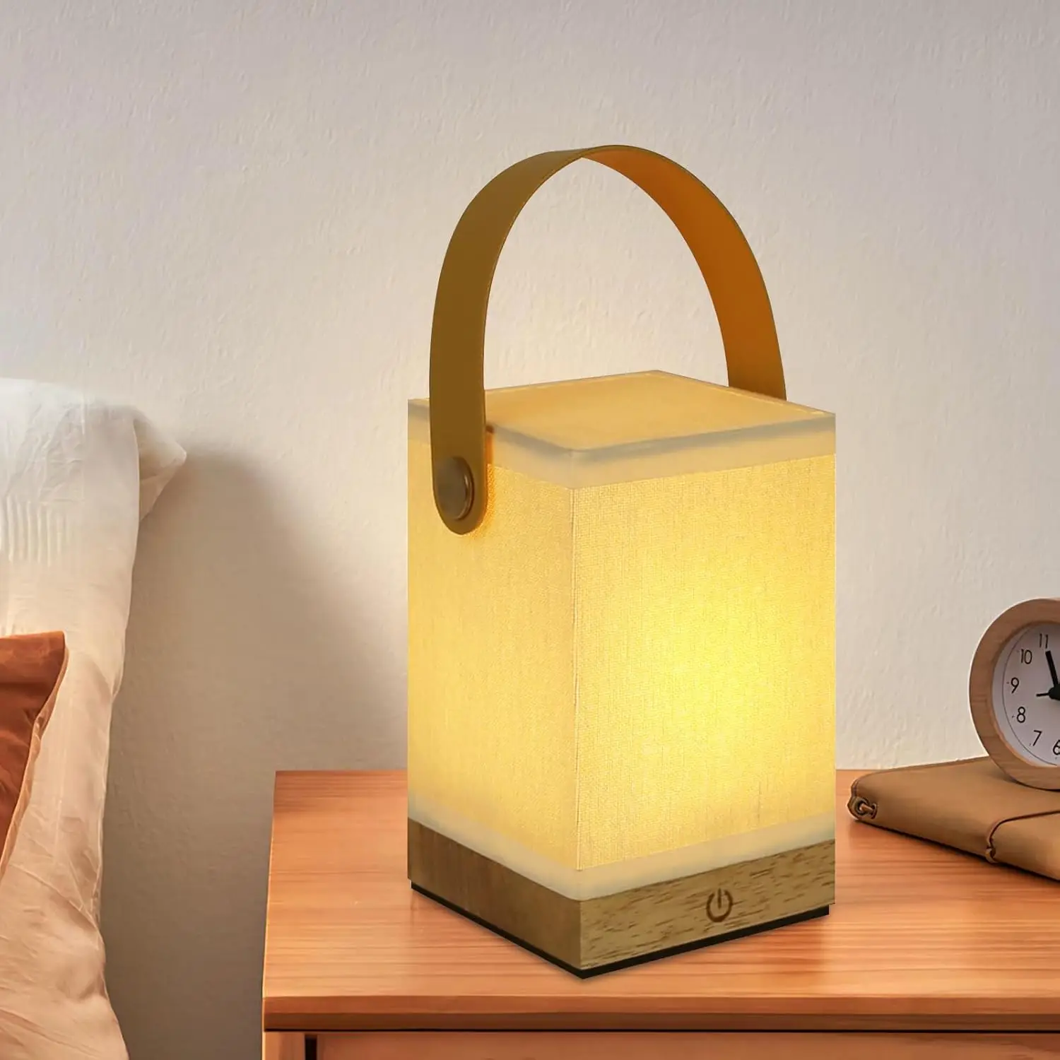 Lampe de chevet LED à intensité variable par toucher, lampe de table pour salon – lampe de table moderne sans fil alimentée par batterie, lampe de chevet en bois et tissu, veilleuse vintage, lampe de