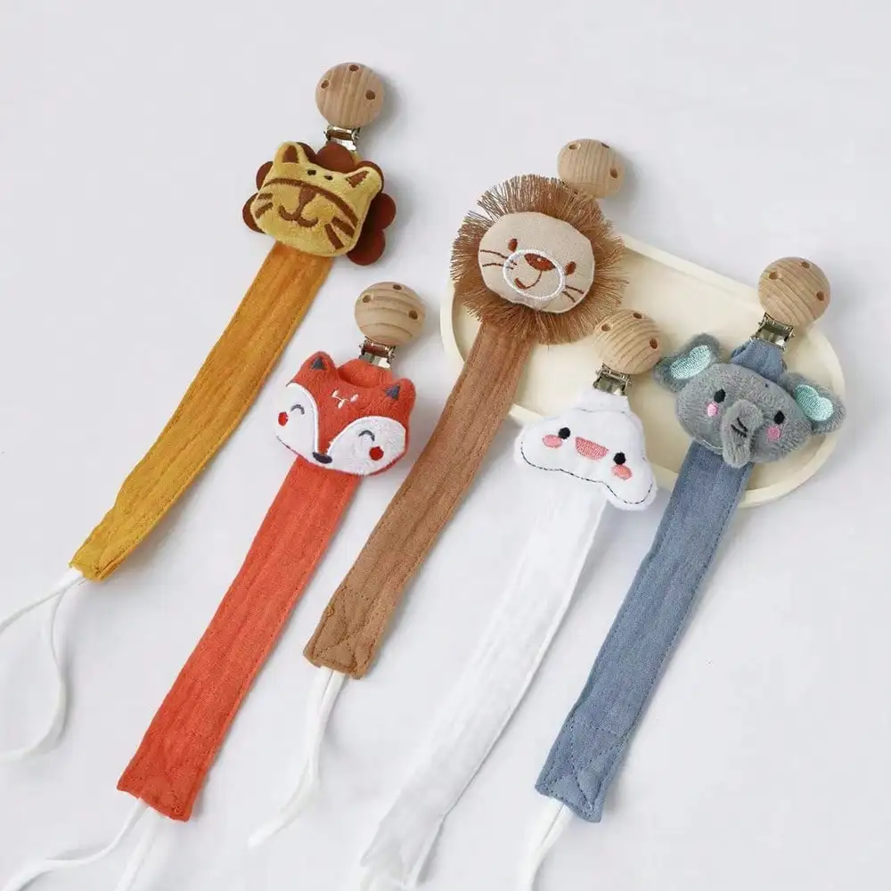 1PCS Baby Schnuller Clip, Neugeborenen Baumwolle Holz Tier Schnuller Kette, Nippel Schnuller Schnuller Halter Umweltfreundliche Material Image