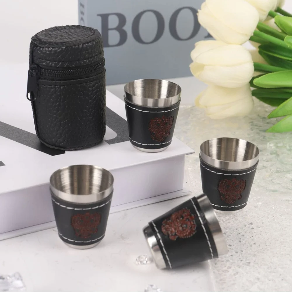 4 teile/satz Outdoor Reise Tassen Set Camping Geschirr Edelstahl Tasse mit PU Leder Tragbare Kaffee Wein Bier Whisky Tasse Image