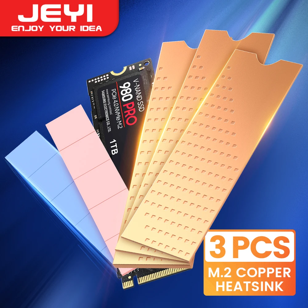 JEYI Kupfer M.2 Kühlkörper, 3 Stück 2280 SSD Kupferkühler Solid State Disk Kühler mit thermischem Silikonpad für Laptop Desktop Image