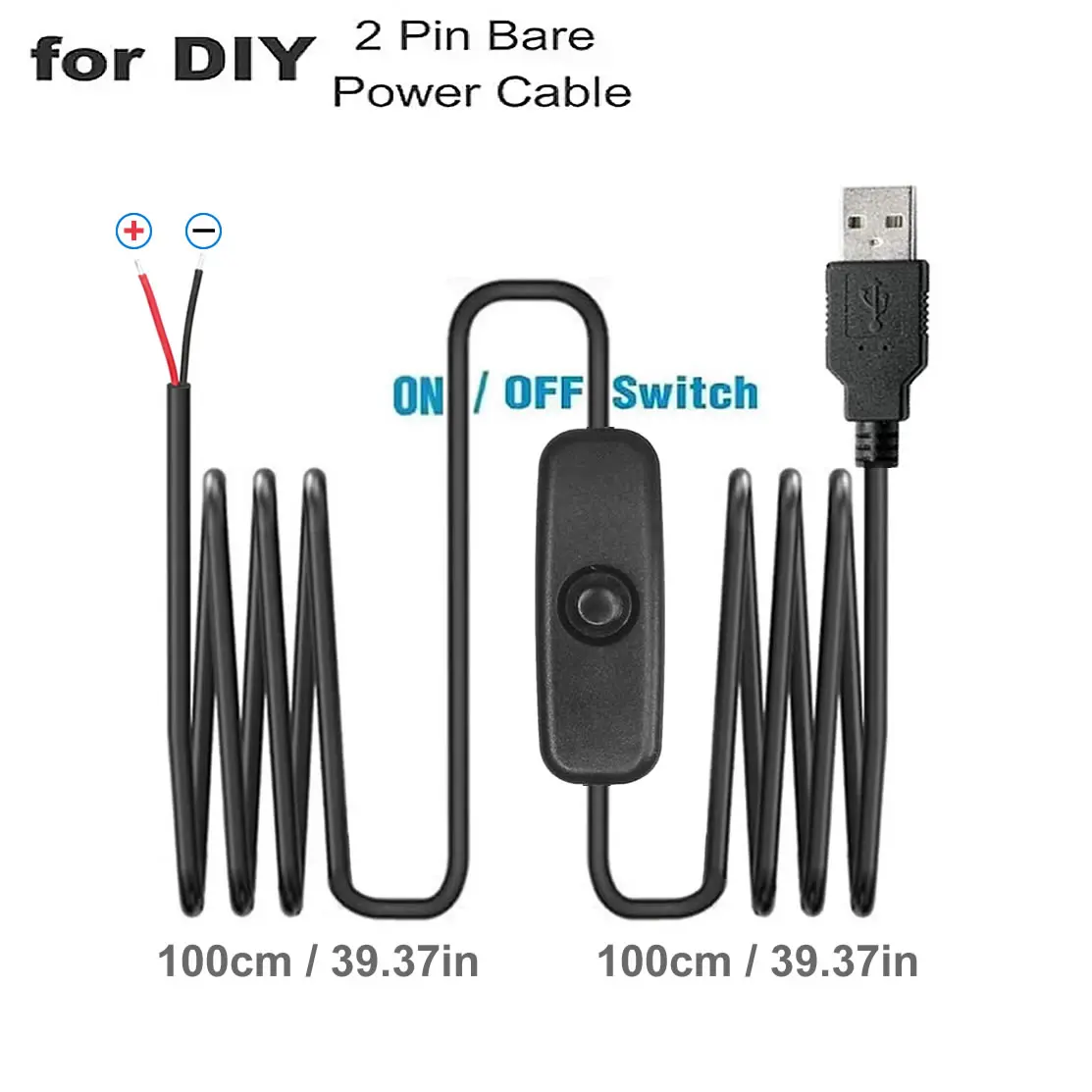 2 m langes DC-2-poliges USB-Kabel mit EIN/Aus-Schalter Typ C auf 2-polige 2-Bare-Ladekabelanschluss für 5 V/LED-Schreibtischlampe/Lüfter/LED-Streifen
