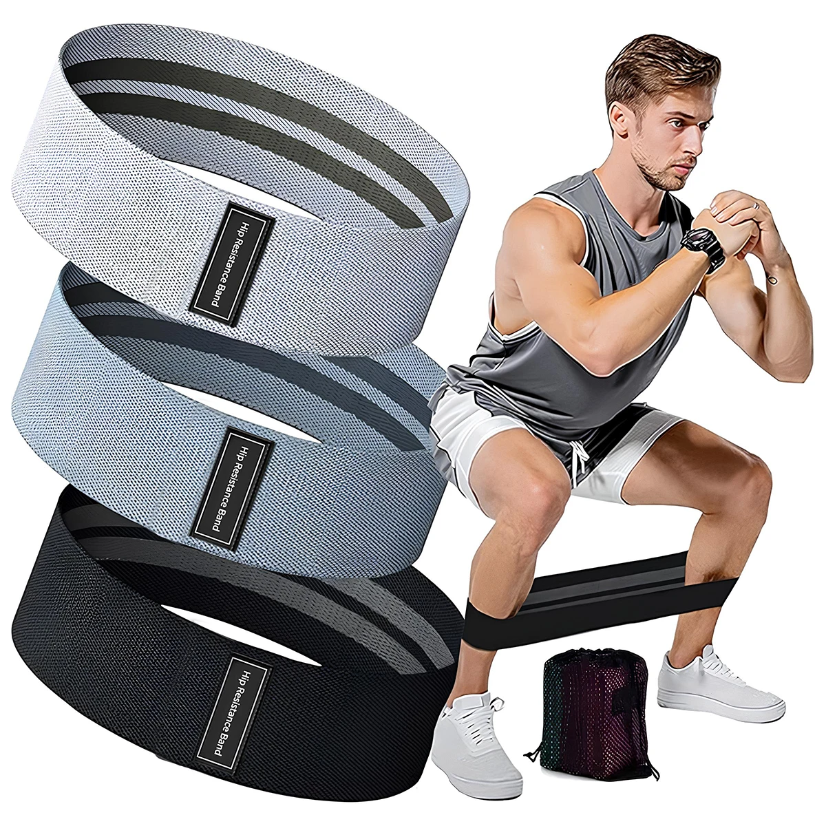 1/3 Stück elastisches Widerstandsband für Beine und Hüfte, Training, Yoga, Kniebeugen, elastisches Band, Latex, rutschfest, Fitnessstudio-Zubehör, mit Aufbewahrungstasche Image
