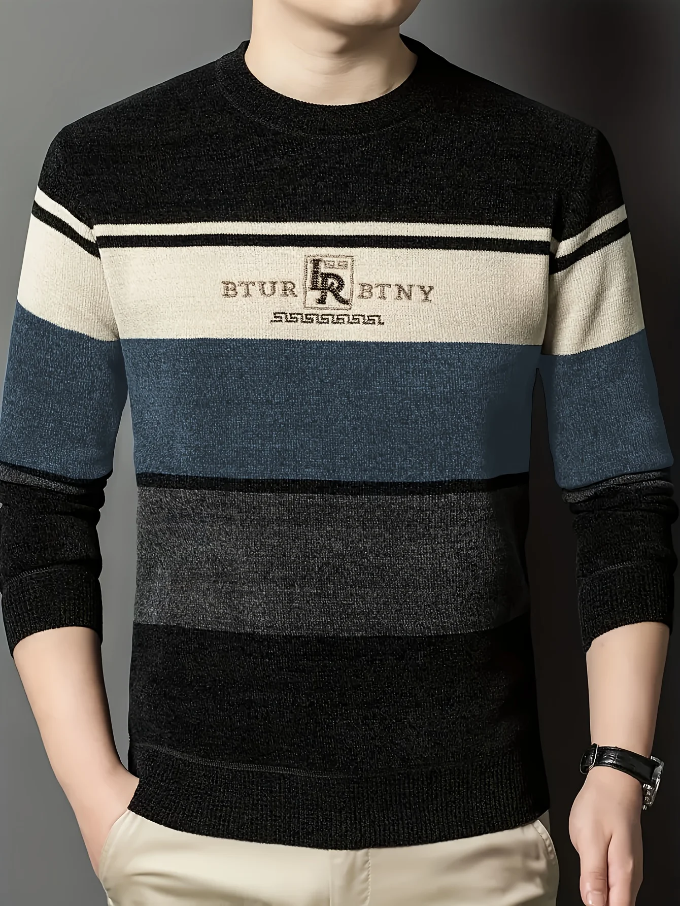 LVLAEA Herbst Winter trendiger Strickpullover, gestreifte Buchstabenstickerei für Herren, langärmelig, Rundhalsausschnitt, lässiges Oberteil im alten Geldstil Image