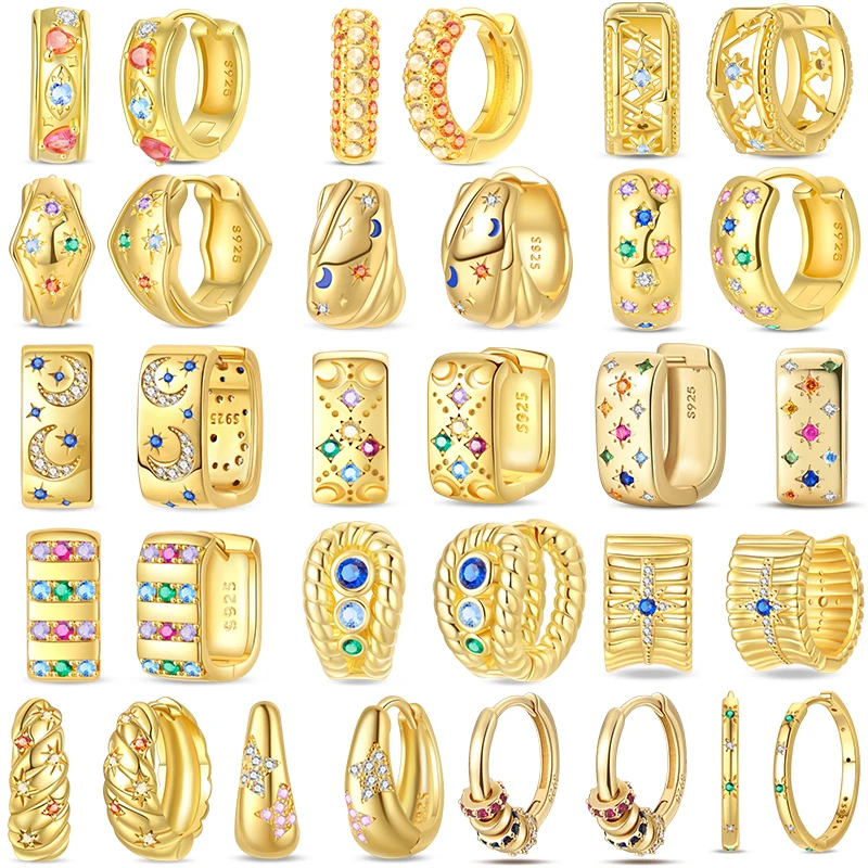 Goldene Ohrringe aus 925er-Sterlingsilber, klassische Goldfarbe, Stern, Mond, Würfel, Creolen für Frauen, Verlobung, Hochzeit, Schmuck, Geschenk Image