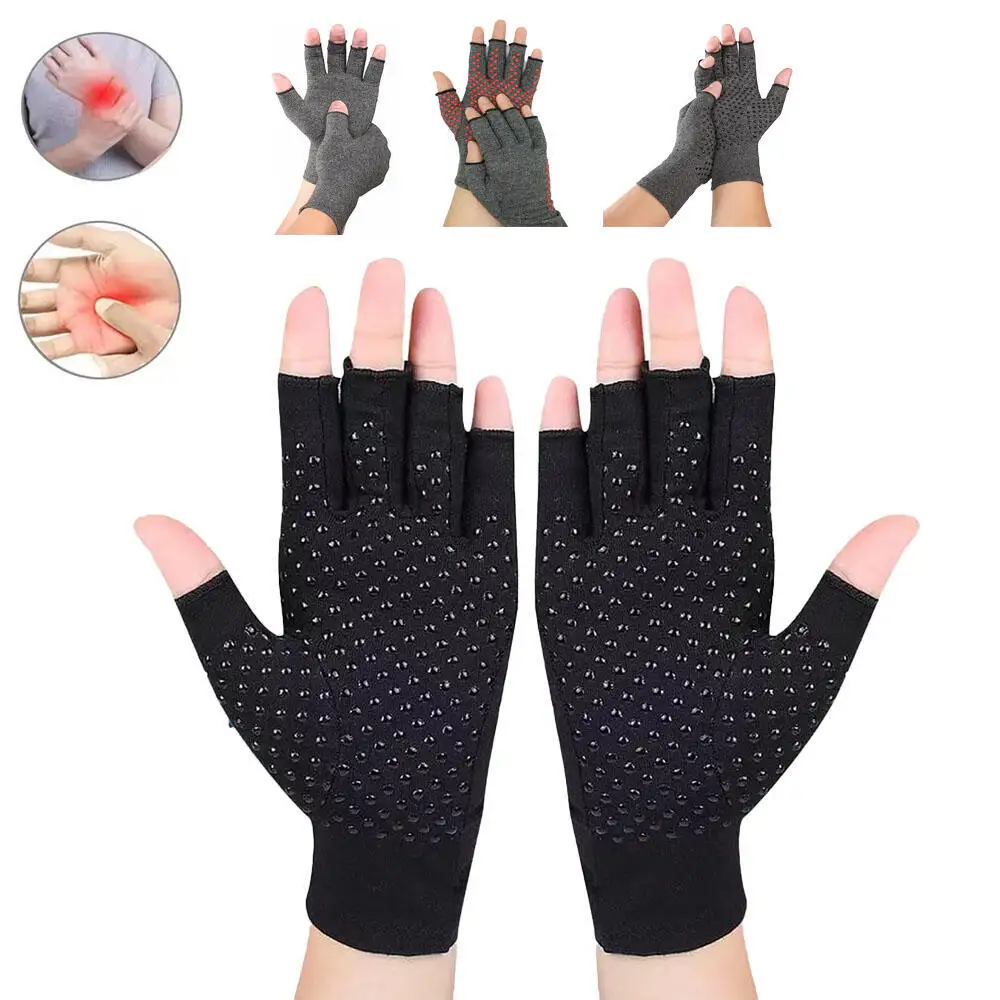 1 Paar Kompressionshandschuhe Hand Kupfer Arthritis Handschuhe Gelenkschmerzlinderung Halbfinger Anti-Rutsch-Therapiehandschuhe für Damen Herren Image