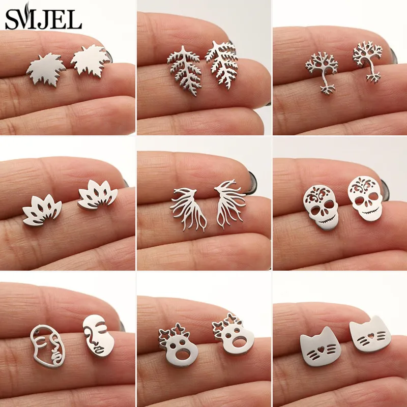 SMJEL Mehrere Edelstahl-Ohrstecker für Damen, minimalistischer Totenkopf, Hirschblatt, Neuron-Ohrringe, Modeschmuck, Piercing-Geschenke Image