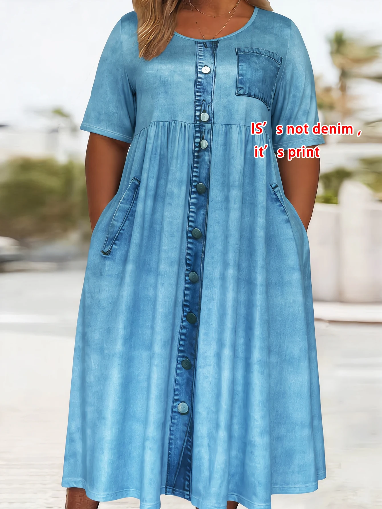 Plus Size Midikleid mit Faux-Denim-Print und halben Ärmeln, lässiges Sommerkleid mit Rundhalsausschnitt und Seitentaschen, Sommerkleid für den Alltag und den Urlaub Image
