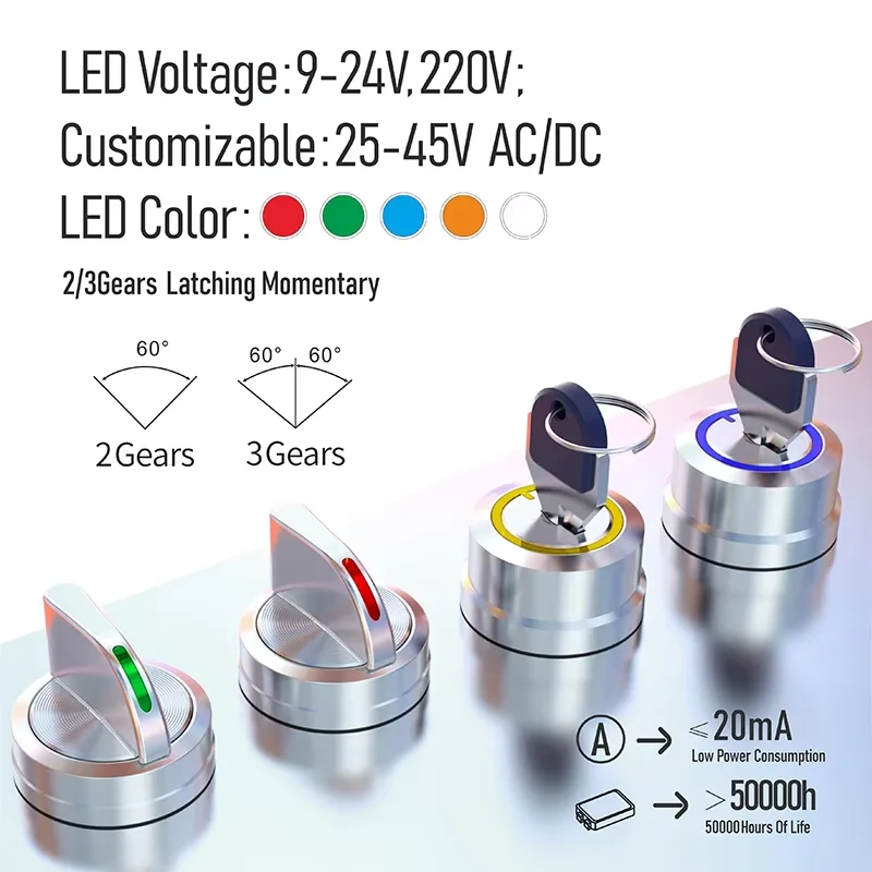 LANBOO 22mm Schlüsselschalter/Wahlschalter mit Selbstverriegelungsfunktion, 1NO/2NO, Schraubklemmenanschluss, mit LED Image