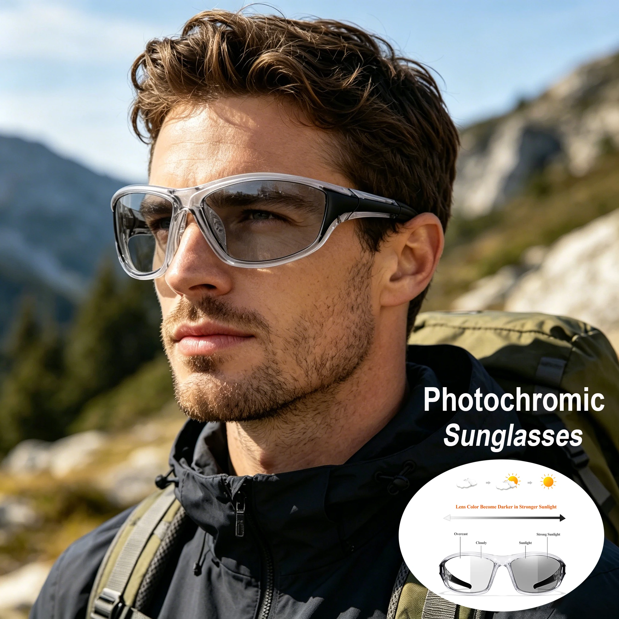 Photochrome Sonnenbrillen für Damen und Herren, Modische Ovale Brillengestelle für Outdoor-Sportarten wie Wandern, Laufen, Radfahren und Klettern Image