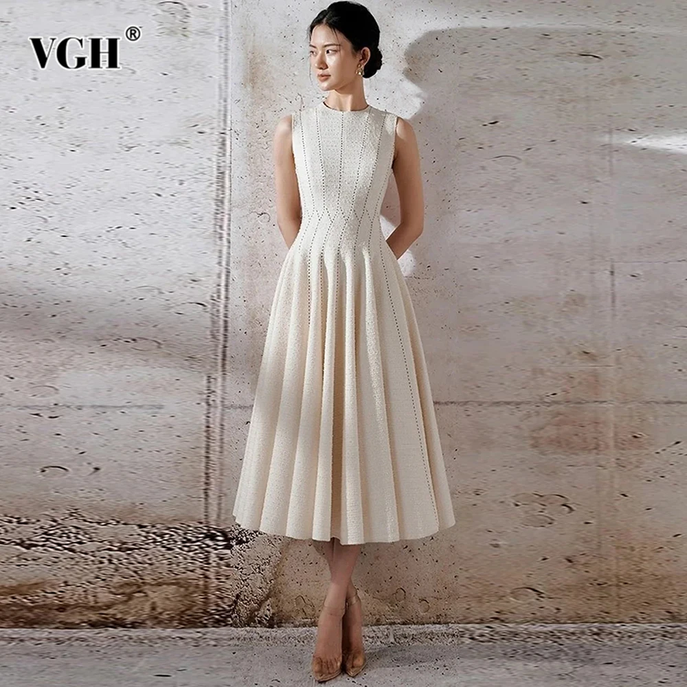 VGH Elegant Freach Style Slimming Dresses For Women Round Neck Sleeveless High Waist Hollow Out Designer Long Dress Female New