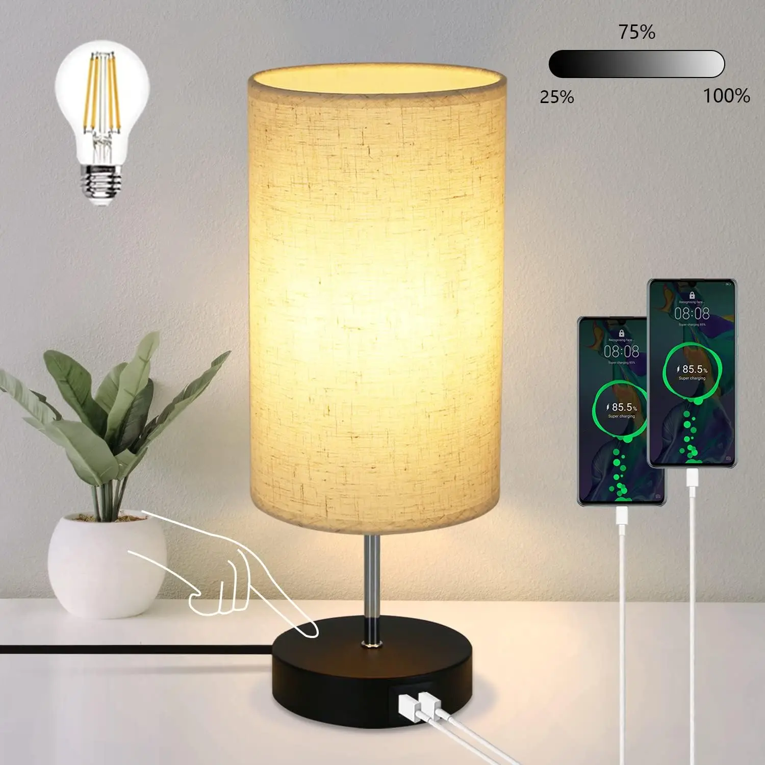 Nachtlicht mit Touch-Dimmer Tischlampe für Wohnzimmer - Aufladbare Funktions-Nachttischlampe Schwarz Vintage Tischlampe Wiederaufladbare USB-Nachtlampe Moderne E27 Stoff-Nachttischlampe für