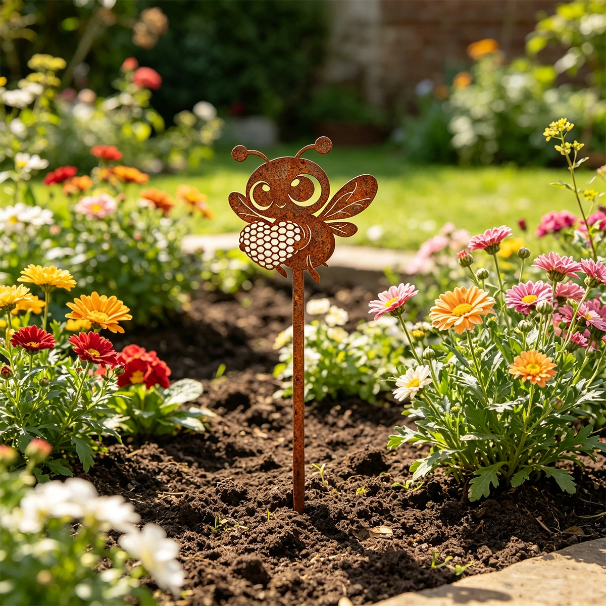 1 piquet décoratif de jardin en fer, piquet de jardin en forme d'abeille, image de dessin animé mignonne d'une petite abeille tenant un ruche, elfe de jardin, adapté aux pelouses extérieures, aux pots