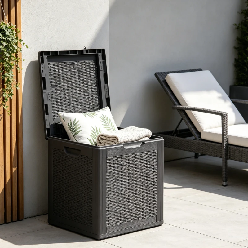 Fournitures de jardin, boîte de rangement pour jardin, boîte de rangement de jardin en rotin PP noir, 90 L, grande capacité, robuste et durable, gain de place, idéale pour le jardin, la terrasse, la