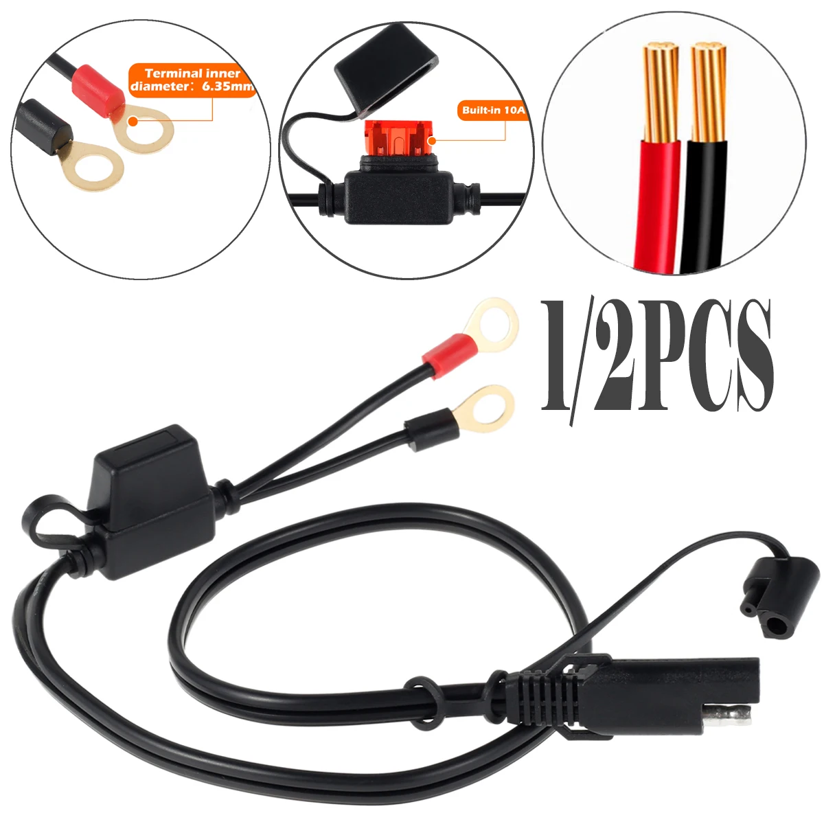 1/2PCS Quick Release SAE Kabel Mit 10A Sicherung Terminal O Stecker Moto Batterie Ladegerät Verlängerung Adapter Draht 18AWG Terminal Image