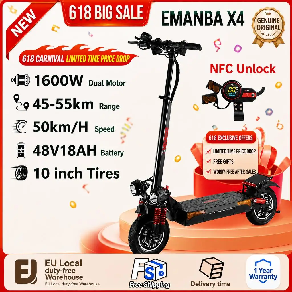 EMANBA X4 Elektroroller 1600W Doppelmotor 48V18AH NFC-Entriegelung Höchstgeschwindigkeit 50km/h 10-Zoll Offroad Klappbarer E-Scooter für Erwachsene Image