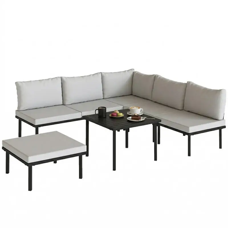 Ensemble de mobilier de jardin pour 5-6 personnes, ensemble de salon de jardin avec canapé de jardin 2 places, 2 chaises, chaise d'angle, table à lattes et repose-pieds.