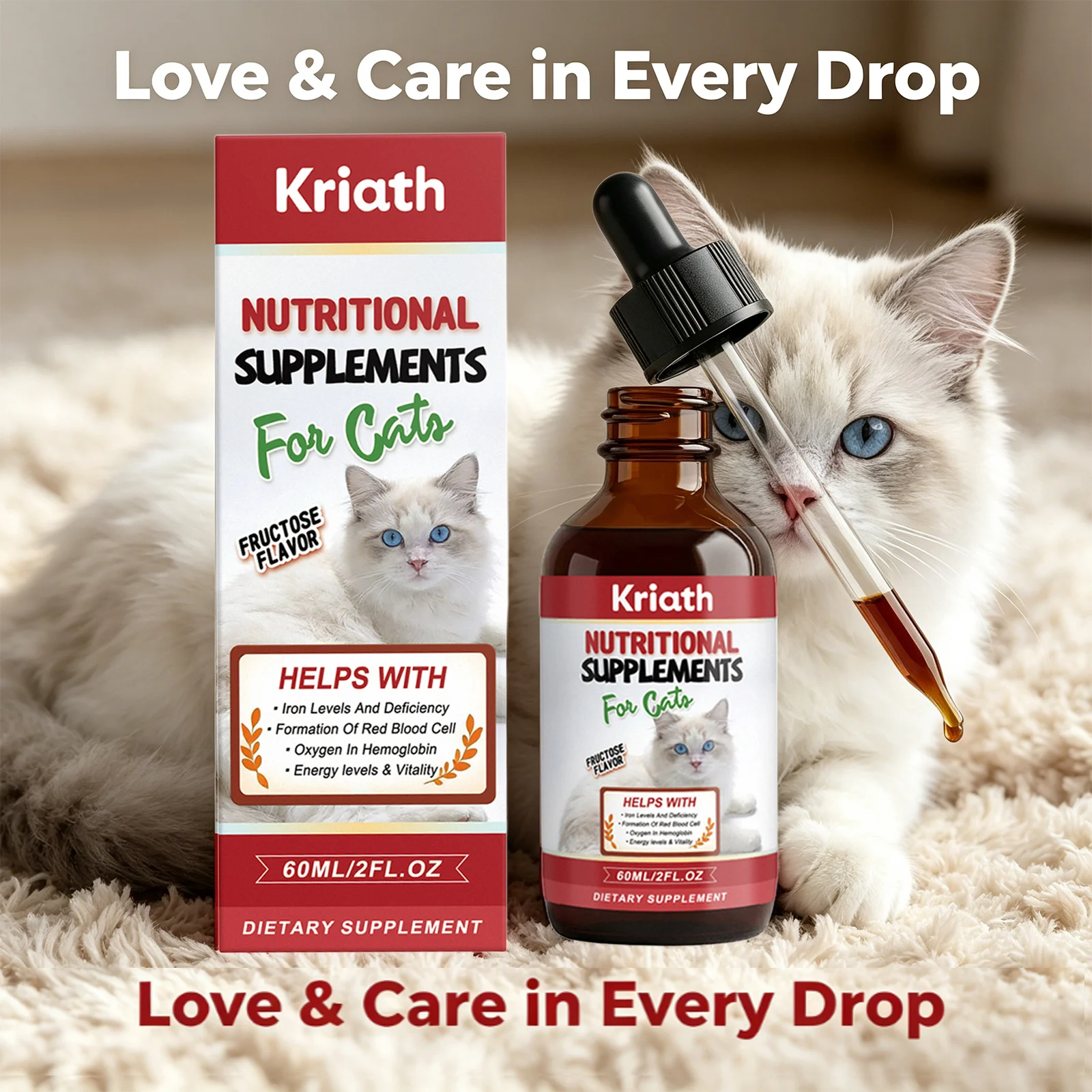 Kriath Katzen-Nahrungsergänzungsmittel-Tropfen zur Steigerung von Energie, Vitalität & Rotes Blut, Förderung des Gesunden Wachstums, Multivitamin-Eisen-Flüssigpräparat Image