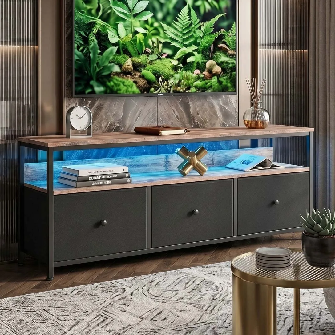 108cm TV-Schrank mit RGB-LED-App-Steuerung, brauner Tiger-Effekt-Basisbuffet und 3 schwarzen Schubladen, Retro-moderner TV-Tisch mit Stauraum, schicker Wohnzimmer-Medien-Couchtisch