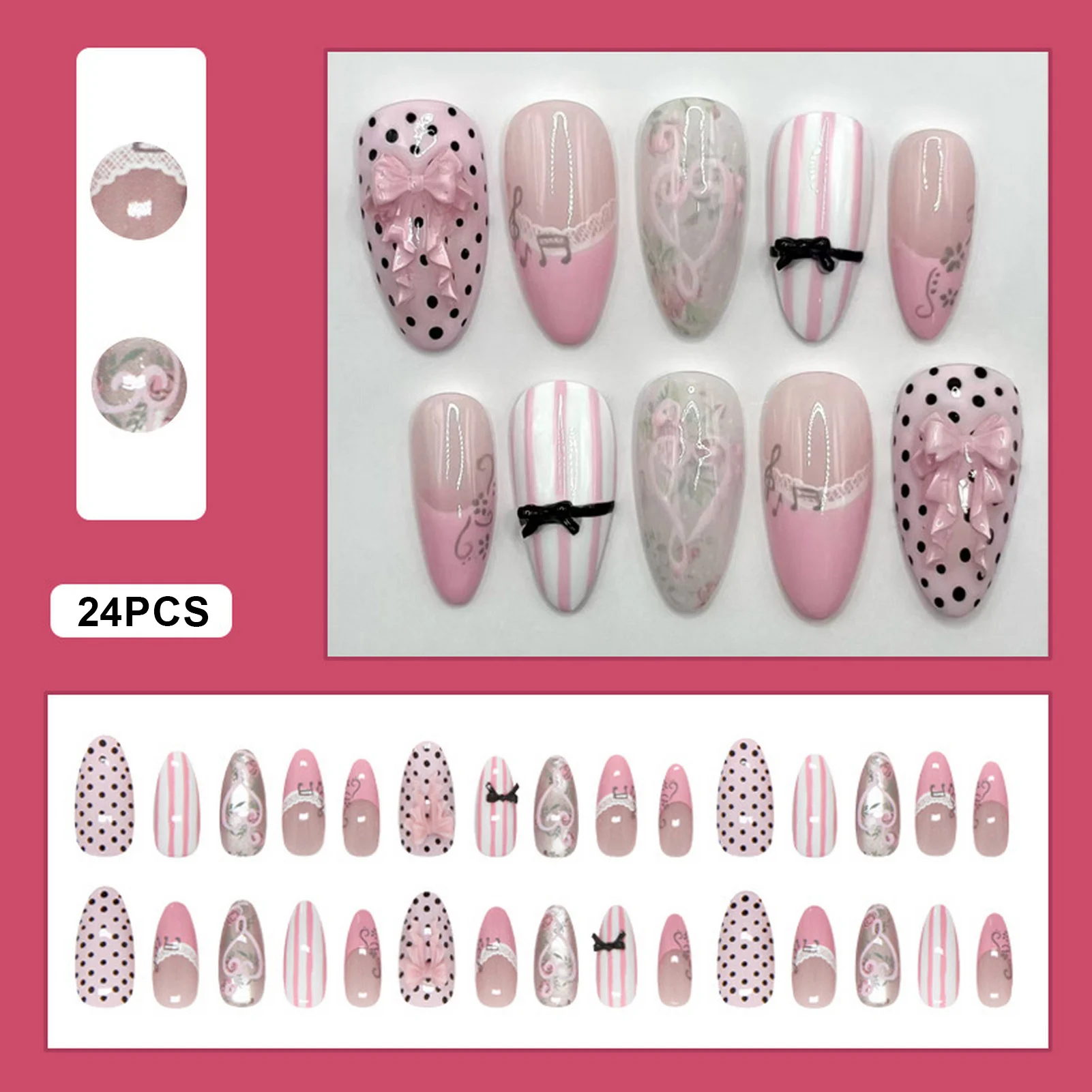 30 Stück französische Cat-Eye-Kunstnägel mit Spitze, Musiknoten, Weinreben, Schleife, gepunktet, tragbare Kunstnägel mit vollständiger Abdeckung, falsche Nägel Image