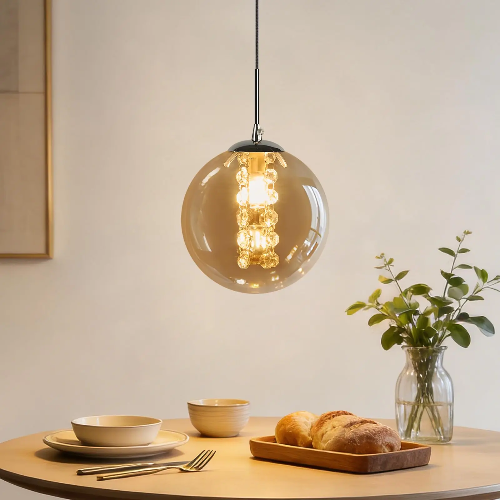 Pendelleuchte Glas Hängelampe Modern - 1 Flammig Bernstein Esstischlampe 120CM Höhenverstellbar G9 Nachttisch Hängeleuchte Pendellampe für Esstisch Schlafzimmer Esszimmer Bar