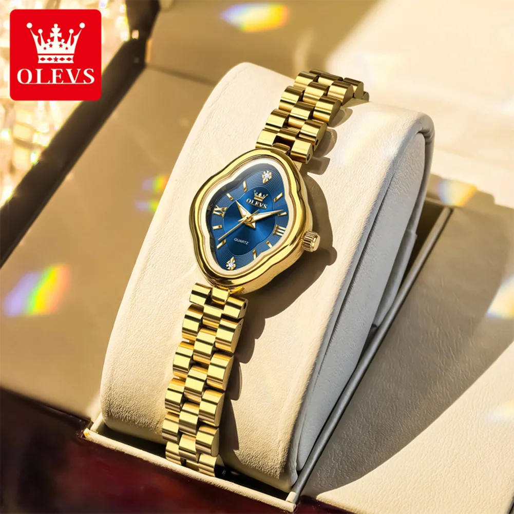 OLEVS Marke Neue frauen Quarzuhr Mode Freizeit Einfache Luxus Gold Edelstahl Streifen Armbanduhr für Damen Geschenk Uhr Image