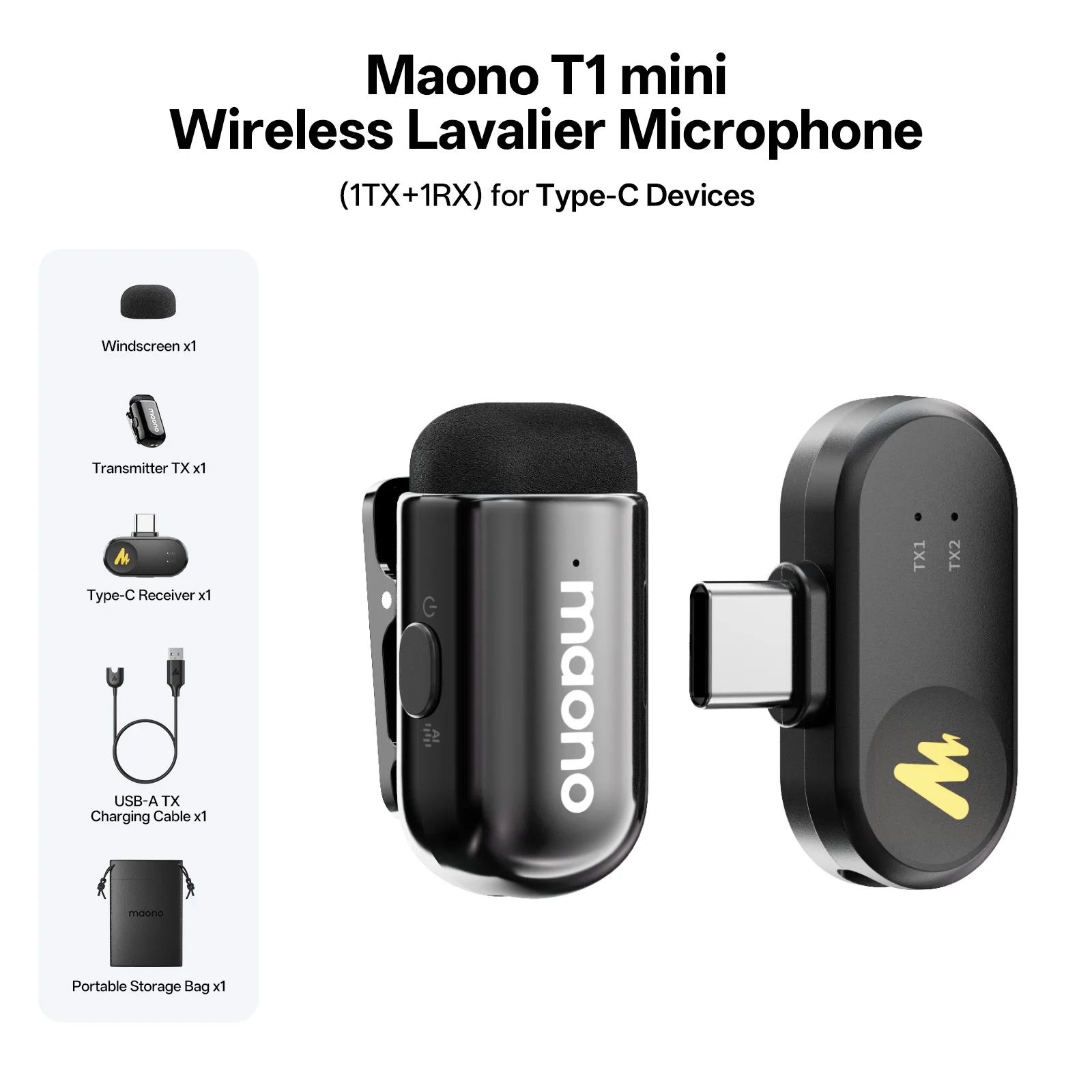 Maono Wave T1 Mini Wireless Lavalier-Mikrofon, Mini-Ansteckmikrofon für iPhone, Android, PC, KI-Geräuschunterdrückung für Videoaufnahmen Image