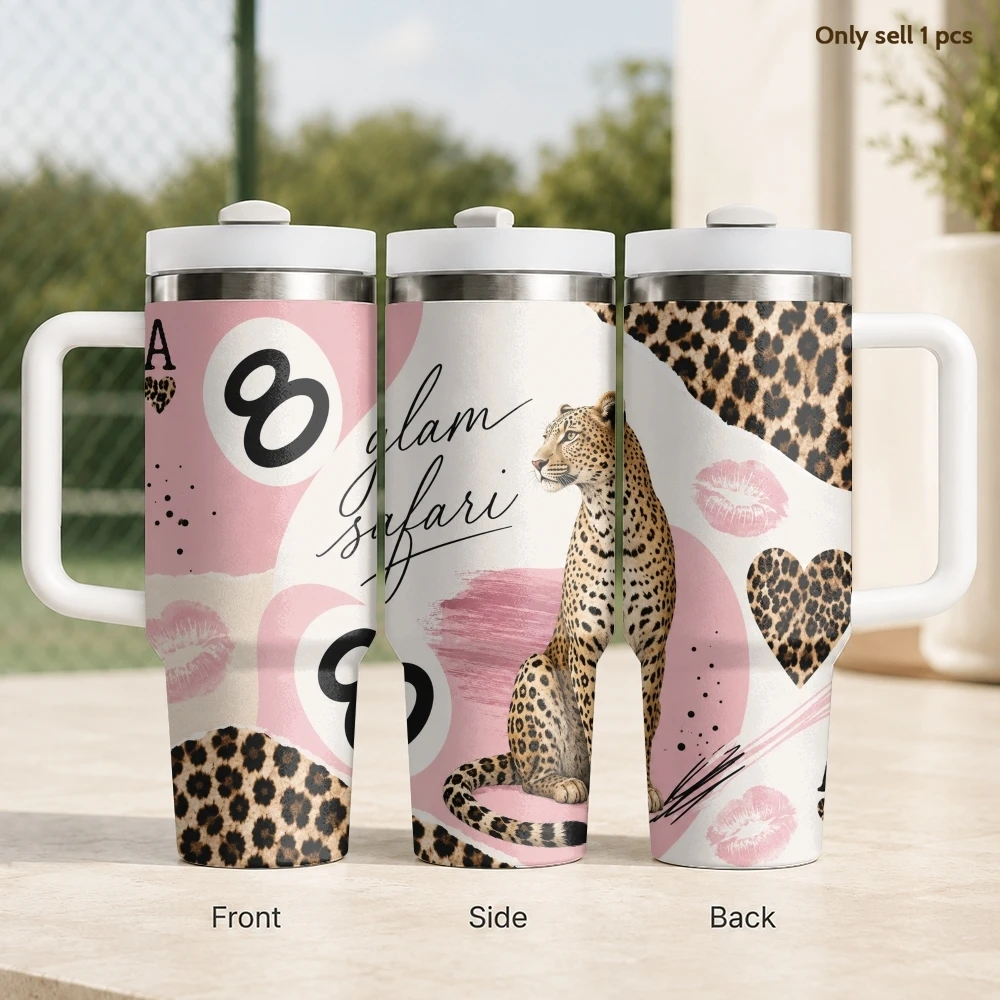 Wild Heart Leopard Vakuum-Thermosflaschen 40oz Edelstahl Isolierter Becher Mit Griff & Strohhalm Auslaufsicherer Reisebecher Image
