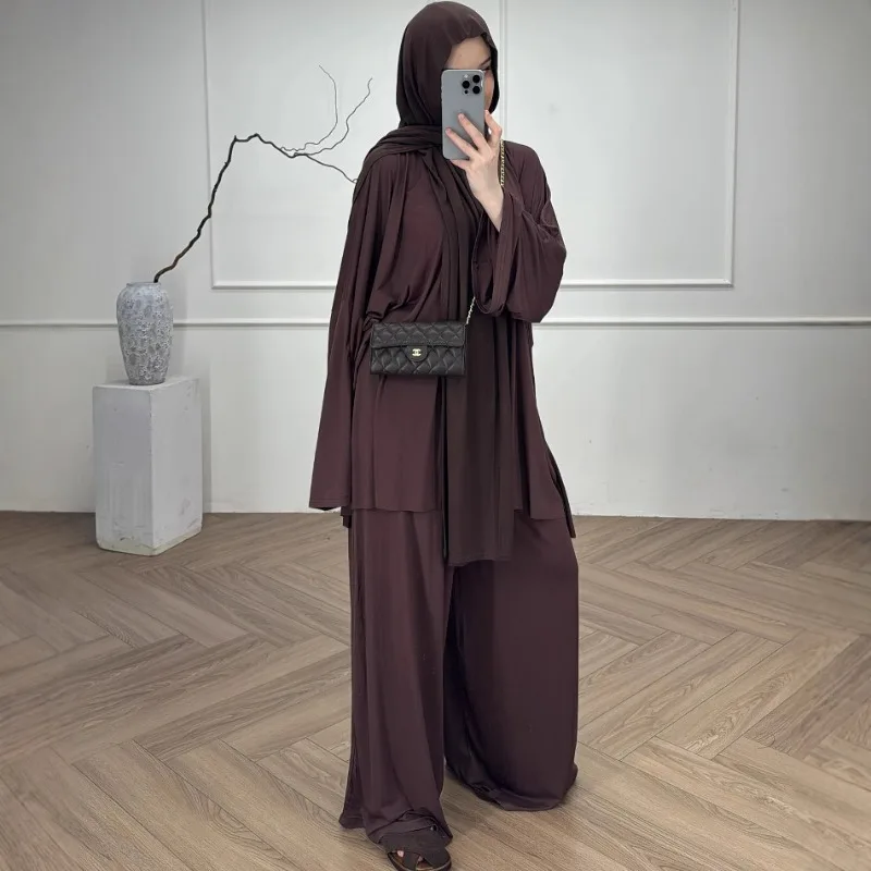 Damen Einfarbiger Bescheidener Muslimischer Anzug Übergroße Seitenbluse Weite Hose Abaya-Outfit Ramadan Gebetskleidung Islamische Bekleidung Image