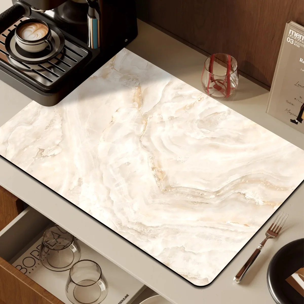 Beige Marmor-Optik Saugfähige Matte, Rutschfeste Geschirr-Trockenmatte, Vielseitige Schutzmatte für Kaffeemaschinen und Küchenarbeitsplatten Image