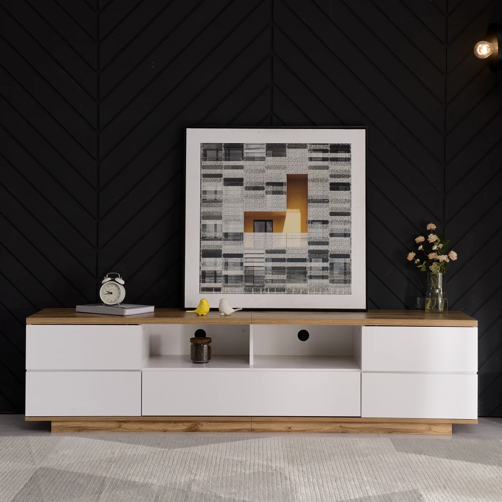 Meuble TV blanc à blocs de couleur, support TV en bois grainé, meuble TV bas, console multimédia, meuble de rangement pour divertissement, mobilier TV moderne et minimaliste avec grand espace de