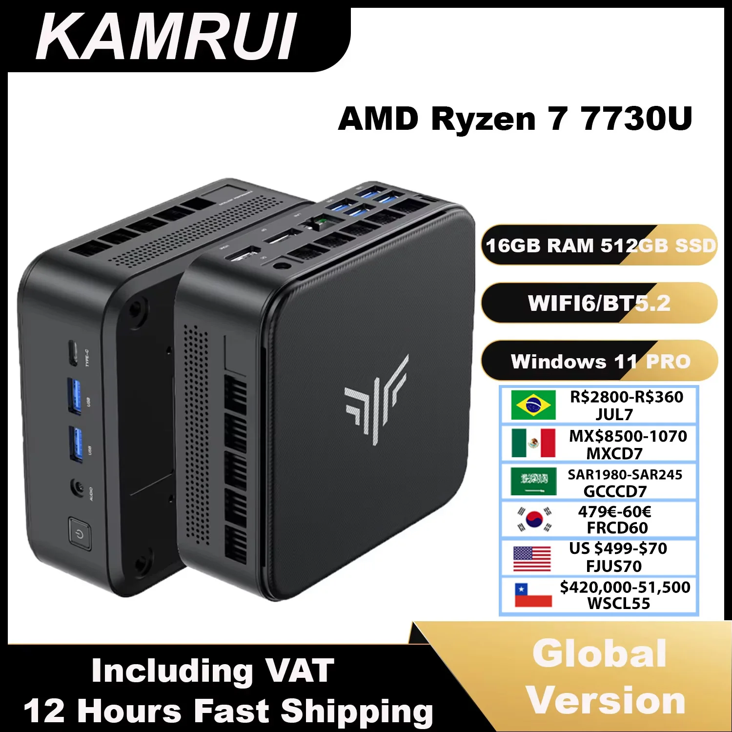 KAMRUI Mini PC AMD R7 7730U V2748 16GB RAM 512GB M.2 SSD Triple 4K Desktop Computer Small PC WiFi6 Win11Pro for Home Office Game