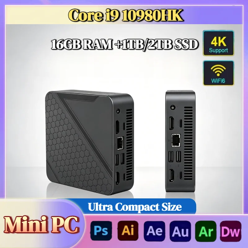 Intel i9 10980HK Mini Desktop PC 16GB DDR4 NVMe SSD Triple 4K WiFi6 Silent Cooling Office Home Computer Ultra Fast Pro