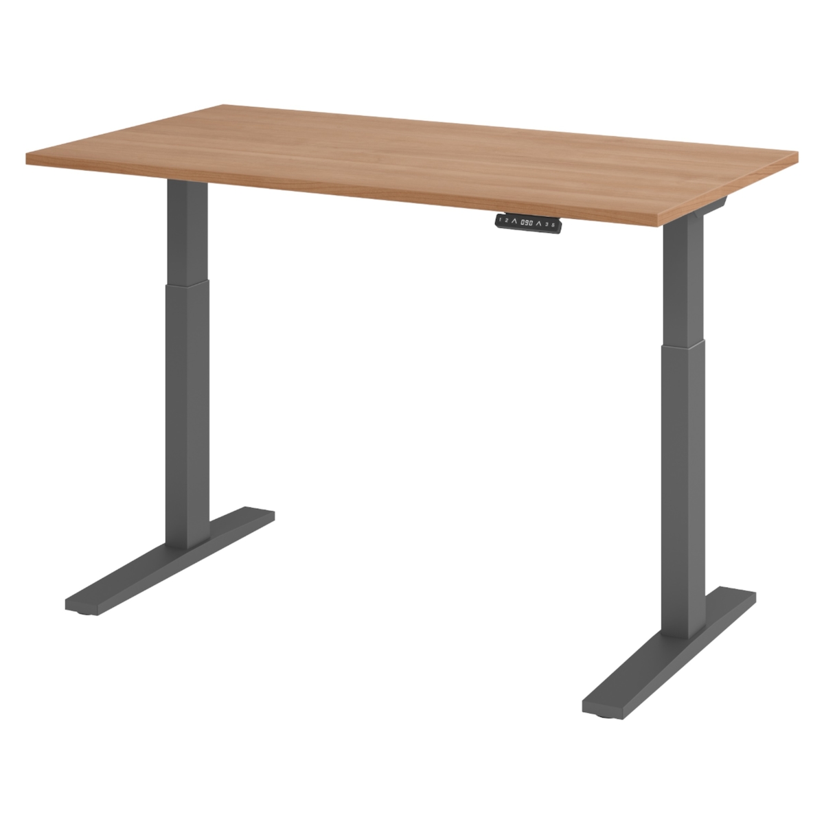 bümö elektrisch höhenverstellbarer Schreibtisch 140x80 cm in Nussbaum, Gestell graphit - Sitz & Stehschreibtisch mit Memoryfunktion, elektrischer Image