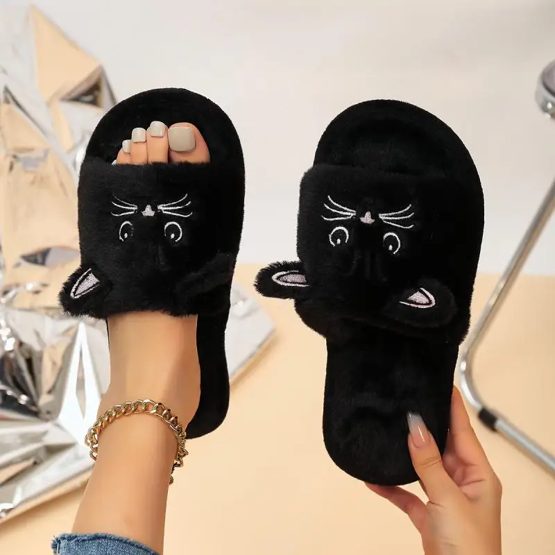 Casual Flauschige Hausschuhe Frauen Hause Flache Katze Cartoon Luxus Designer Schuhe Mädchen Herbst Elegante Indoor Mode Schuhe Große Größe