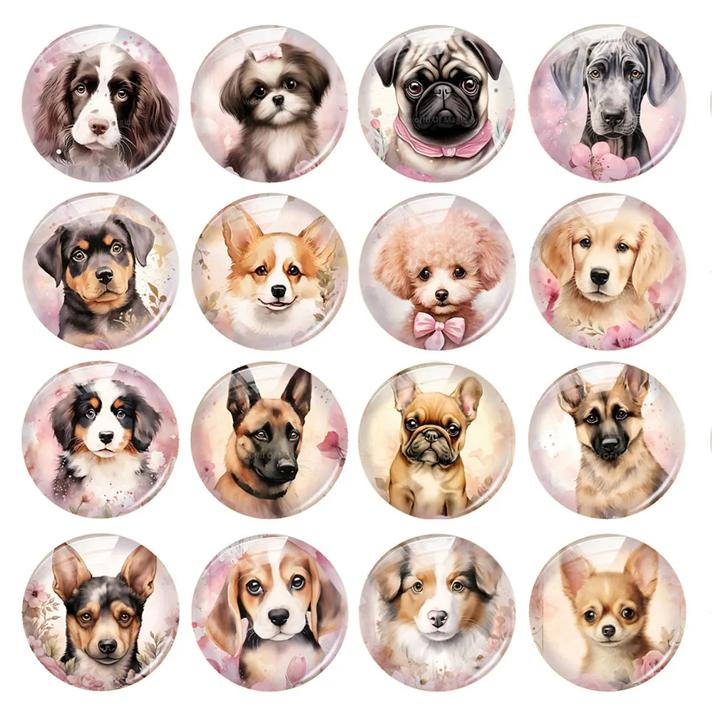 Handgefertigter rosa süßer Hund, Welpe, Haustier, runder Foto-Glascabochon, flache Rückseite, Demo, flache Rückseite, Cameo für DIY-Schmuckherstellung