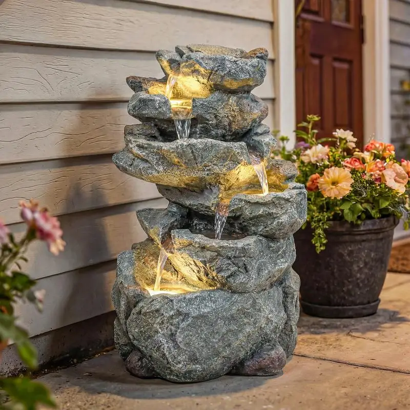 33x27x53cm - Fontaine de jardin extérieure - Mini cascade artificielle en pierre - Texture naturelle en résine - Idéal pour jardin, pelouse, patio, décoration intérieure - Décoration de jardin zen