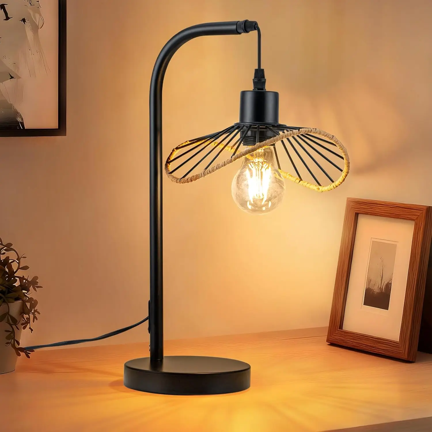 Lampe de table, noire, lampe de chevet vintage – veilleuse avec câble, lampe de table, E27, chambre à coucher, lampe de bureau, lampe de lecture rétro, lampe de table en métal pour salon