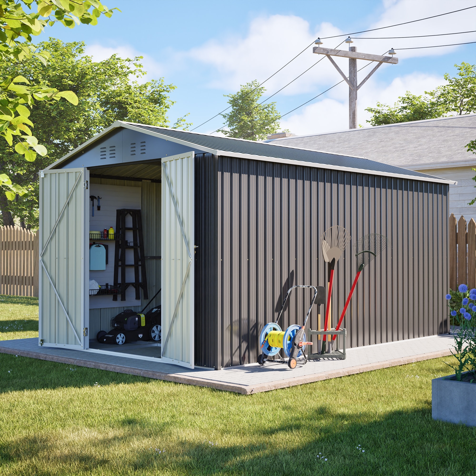 Roomfitters Lockable Secure Metal Shed 8x12 FT, Large Outdoor Storage Tool House with Aluminum Frame, Gray