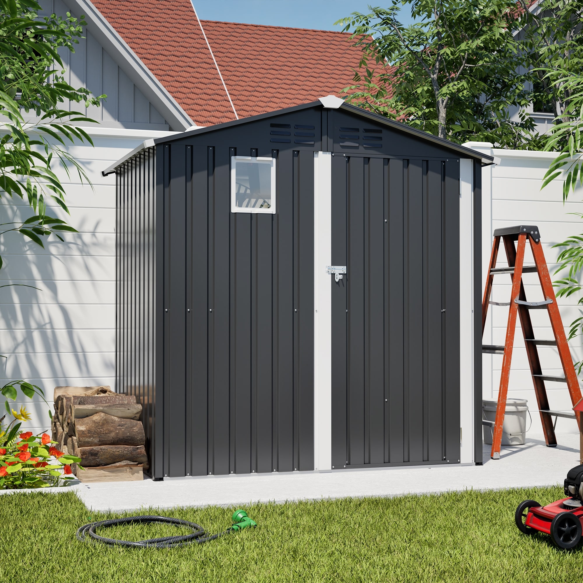 Roomfitters 6x4 FT Metal Outdoor Storage Shed, Steel Utility Tool Storage House with Window and Vents, Gray
