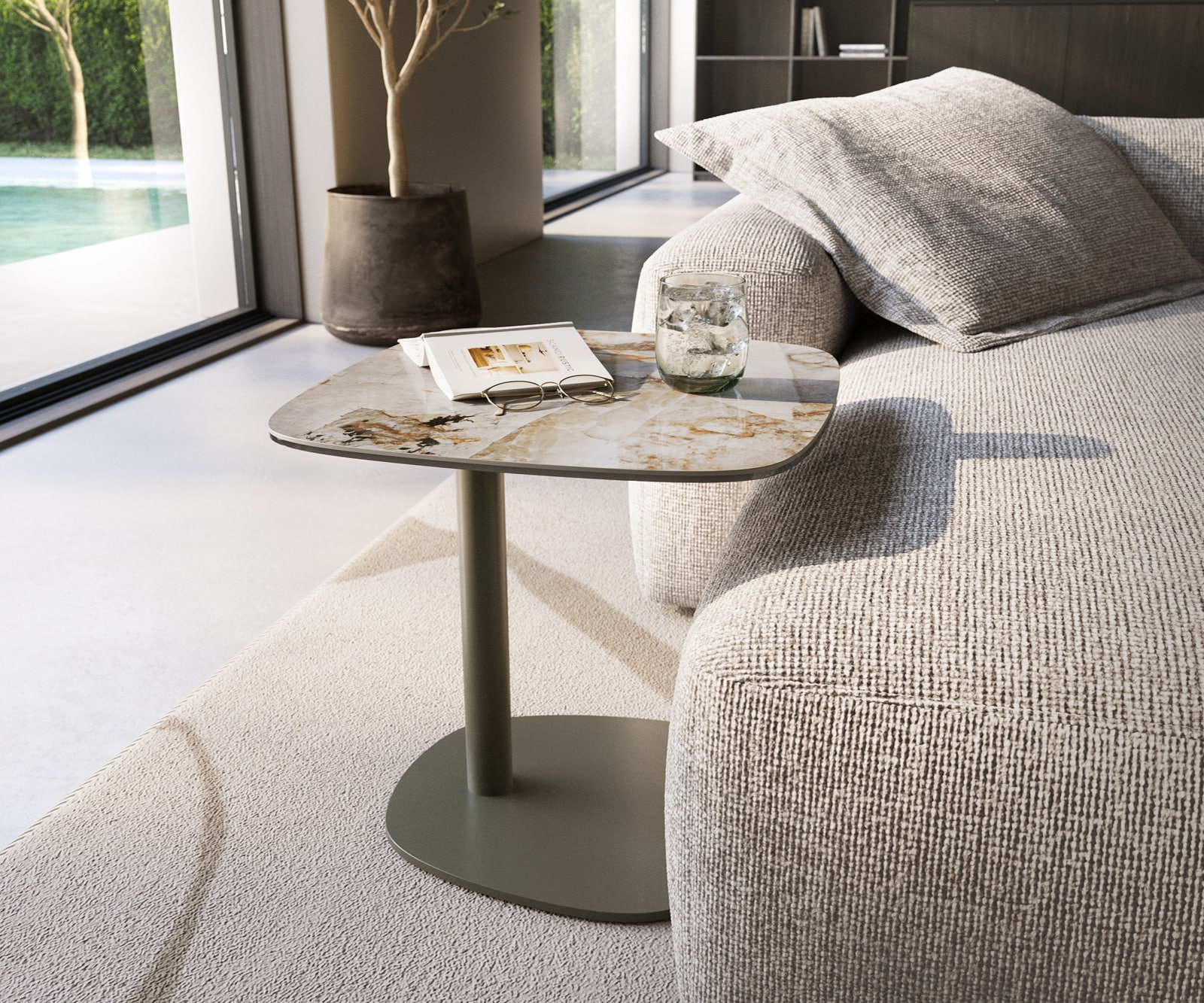 DELIFE Beistelltisch Edge Boot 50x50 cm Keramik Patagonia Poliert Eleny Metall Effektfinish Titan, Beistelltische