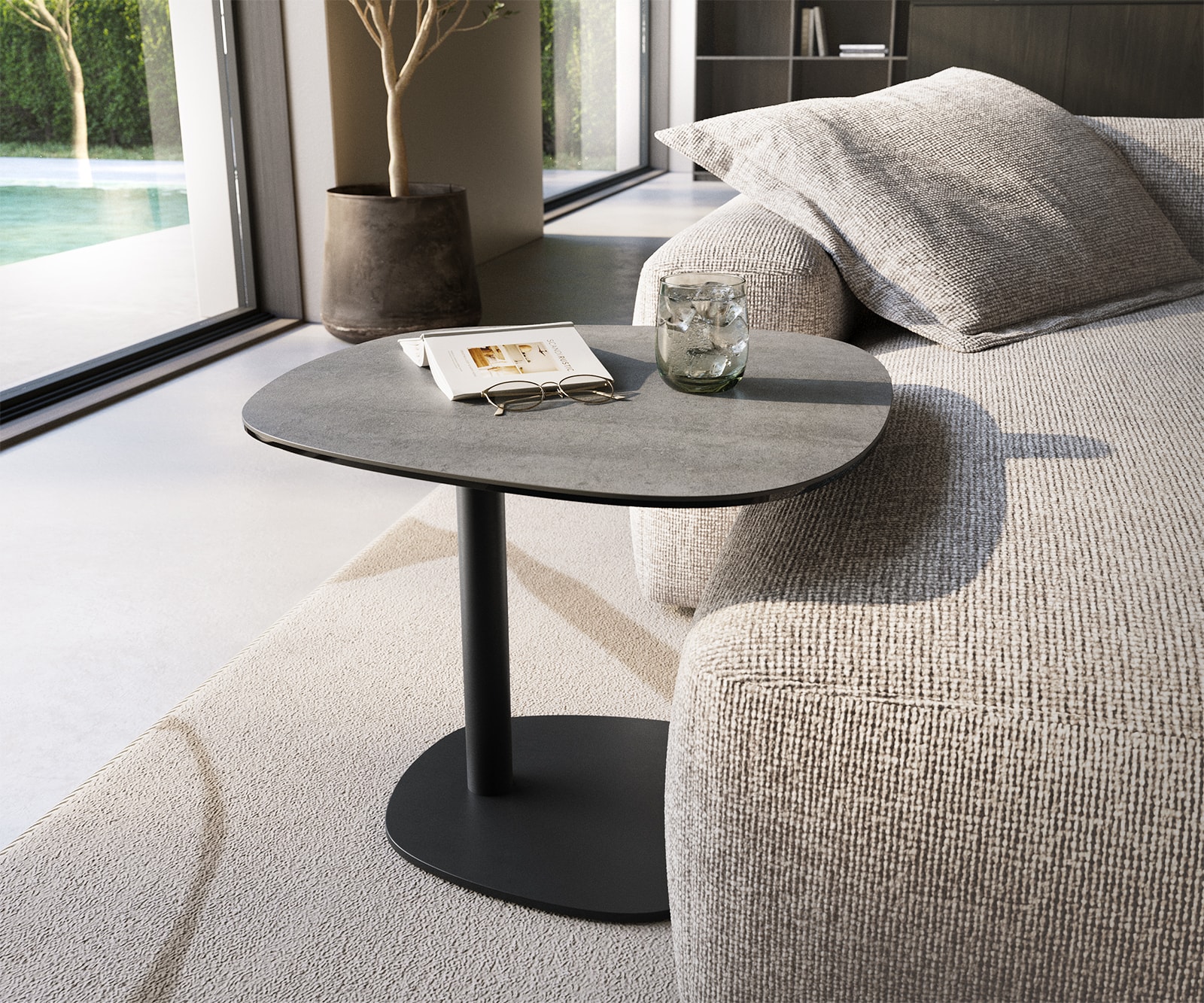 DELIFE Beistelltisch Edge Boot 60x60 cm Keramik Beton Grau Eleny Metall Schwarz, Beistelltische