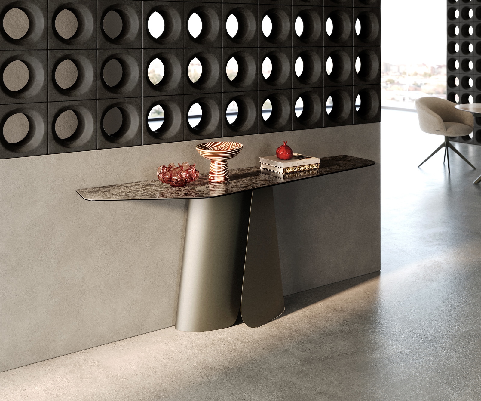 DELIFE Konsolentisch Edge Polygonal 180x50 cm Keramik Emperador Extra Lucidato Dunkelbraun Livos Metall Effektfinish Titan, Konsolentische