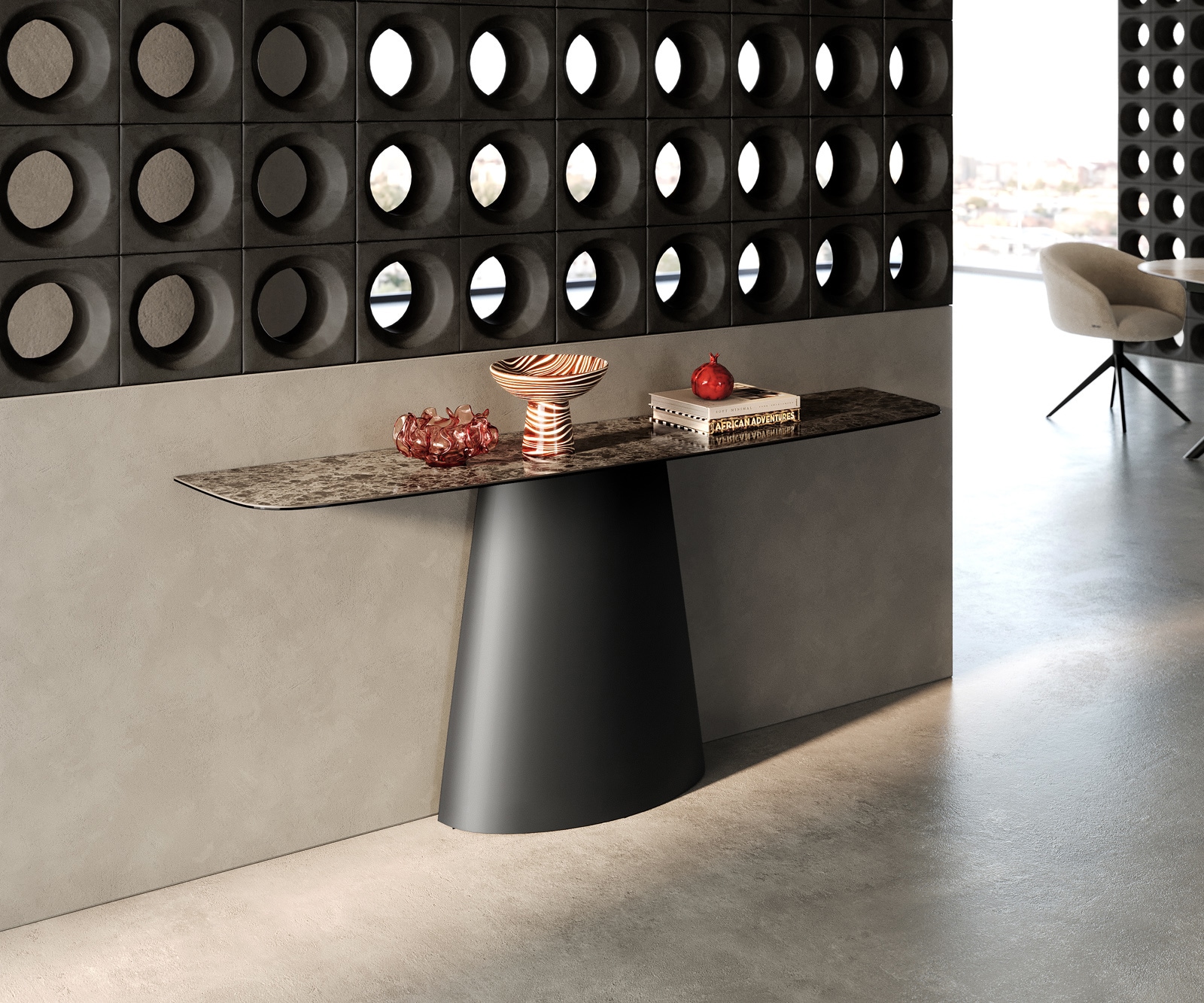 DELIFE Konsolentisch Edge Boot 180x40 cm Keramik Emperador Extra Lucidato Dunkelbraun Conos Metall Schwarz, Konsolentische