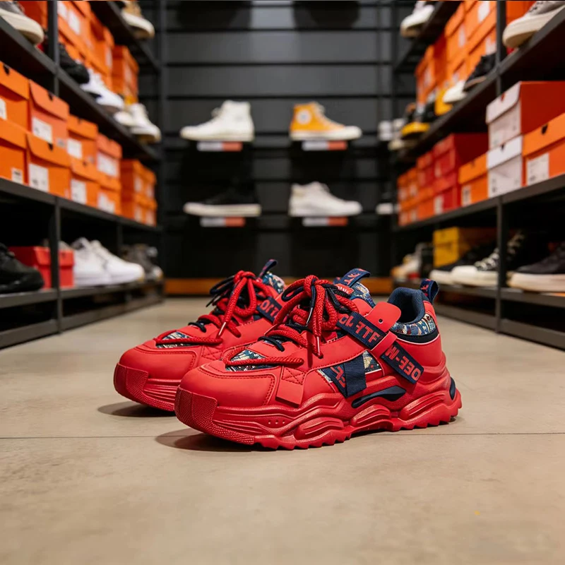 Rot Männer Casual Schuhe Dicken Sohlen Laufschuhe Leder Atmungsaktive Outdoor Sport Schuhe Weiche Langlebig Vielseitig Männlich Klobig Sneaker