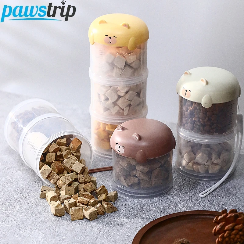 Récipient de stockage des aliments pour animaux de compagnie à 3 couches, réservoir de distribution de nourriture pour chien Portable en plein air, pot de stockage des aliments scellé Transparent avec échelle