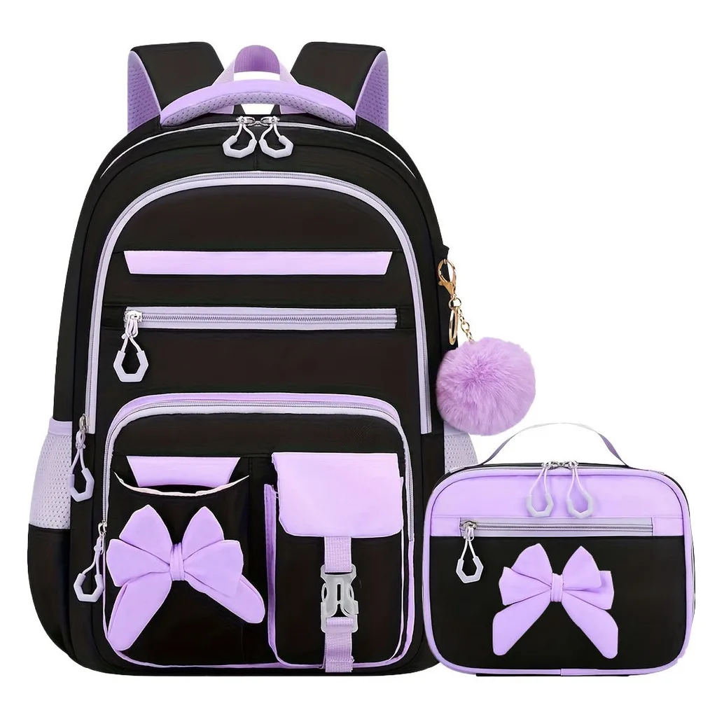 Sac à dos scolaire pour filles, multi-poches, avec nœud, ensemble de sacs d'école, sac à dos pour l'école primaire, sac à dos ergonomique pour les voyages en plein air