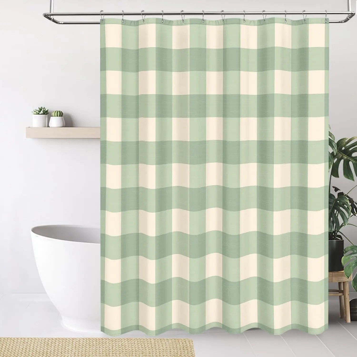 Rideau de douche à carreaux vert sauge et beige, rideau de salle de bain en tissu imperméable avec crochets, rideau de bain classique à carreaux pour salle de bain